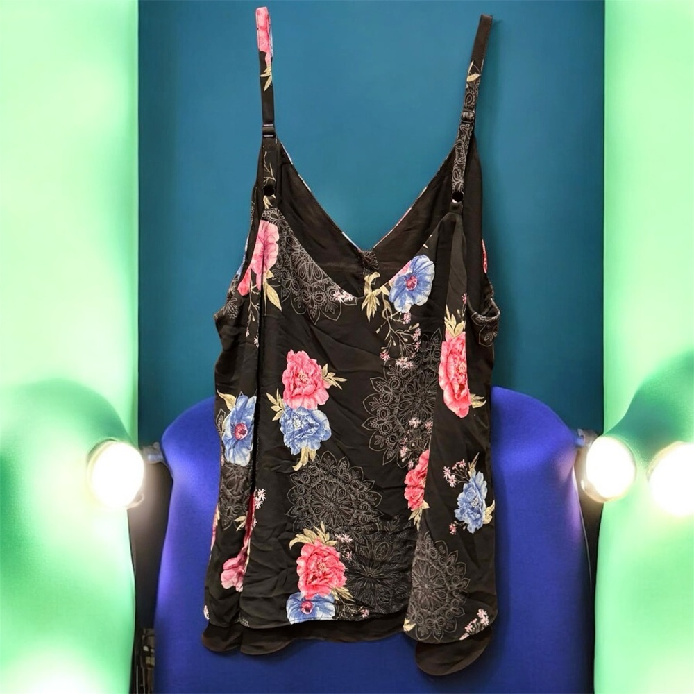 Torrid Black Camisole with Pink and Blue Floral Design size 0 adjustable straps